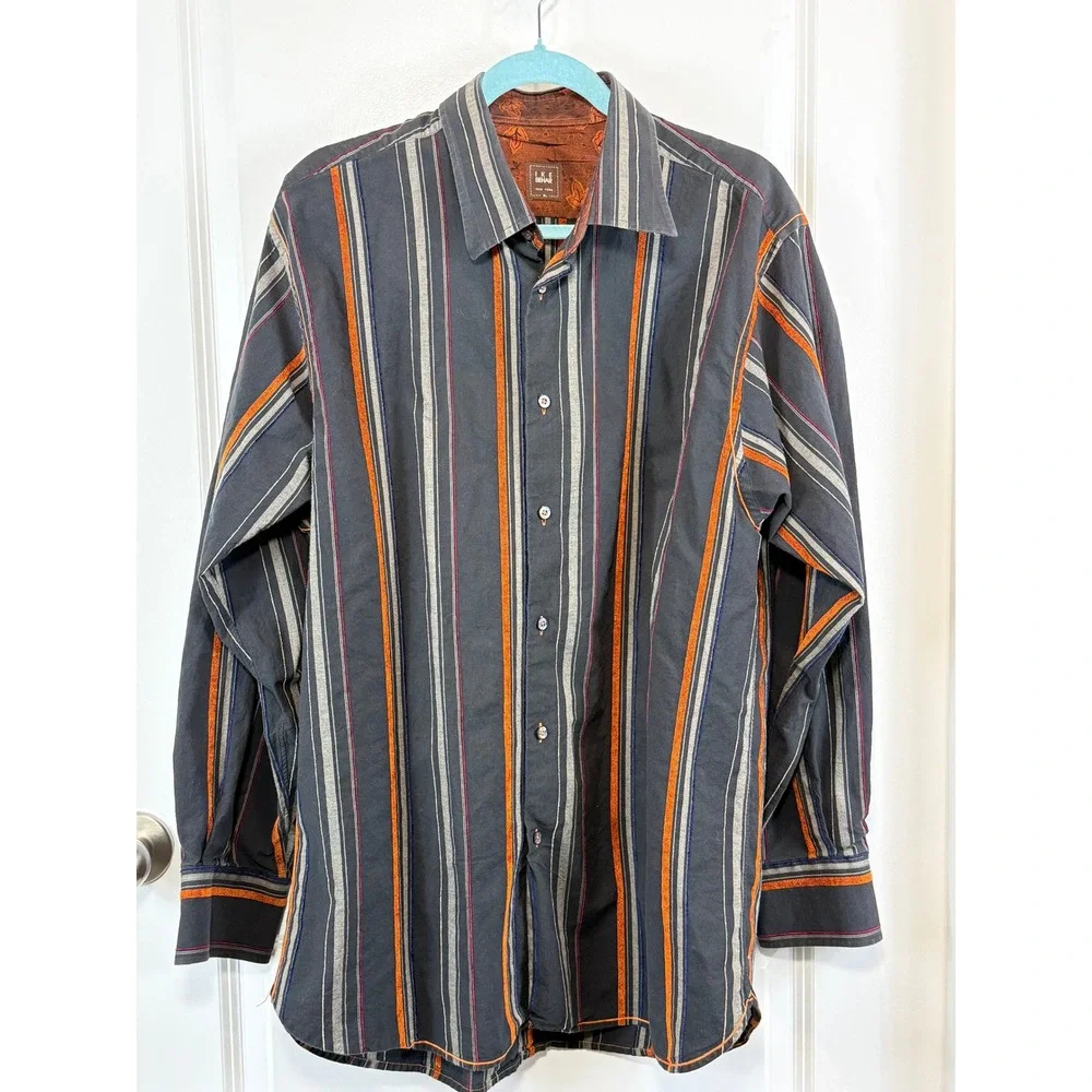 Ike Behar Men's‎ XL Western Button Down Shirt Gray Orange Striped Cowboy Ranch